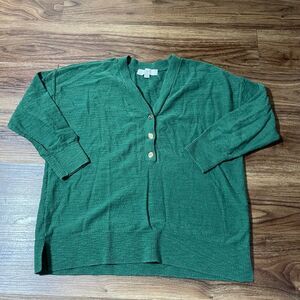 Loft 1/4 Button V-Neck Sweater Cotton Green Long Sleeve Pullover Women’s Medium